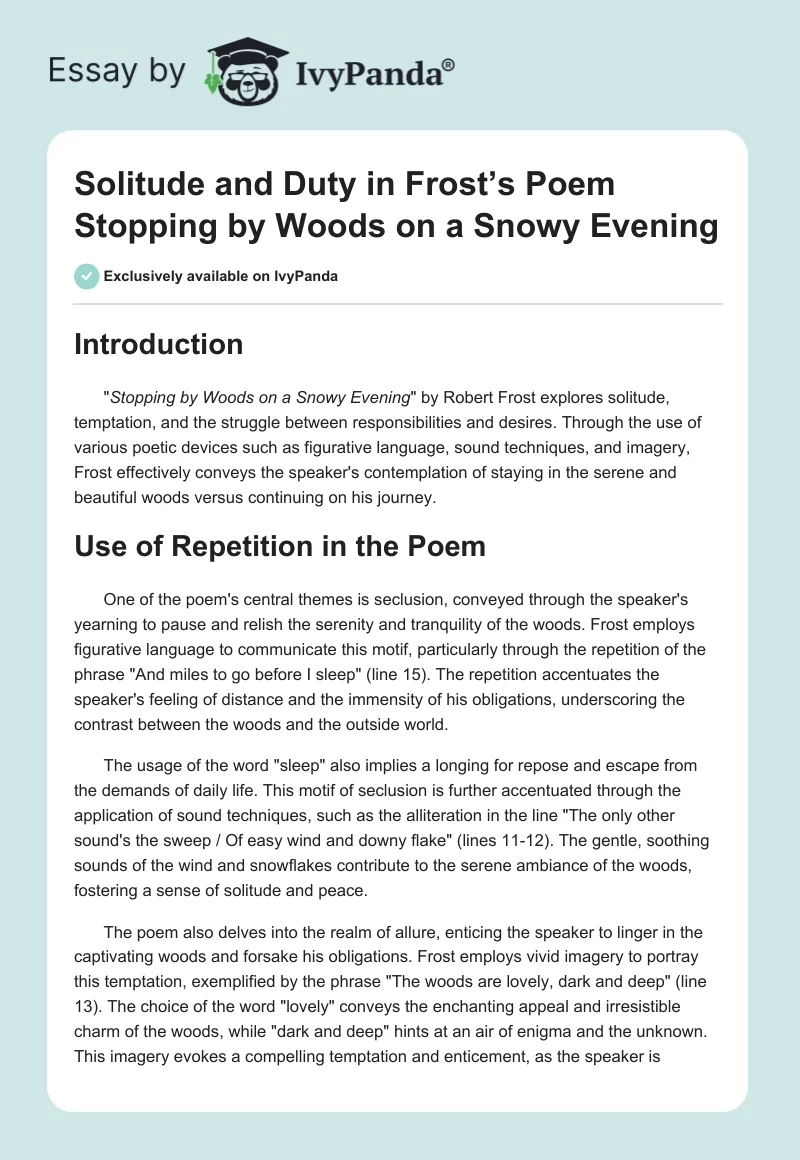 Solitude and Duty in Frost’s Poem Stopping by Woods on a Snowy Evening. Page 1
