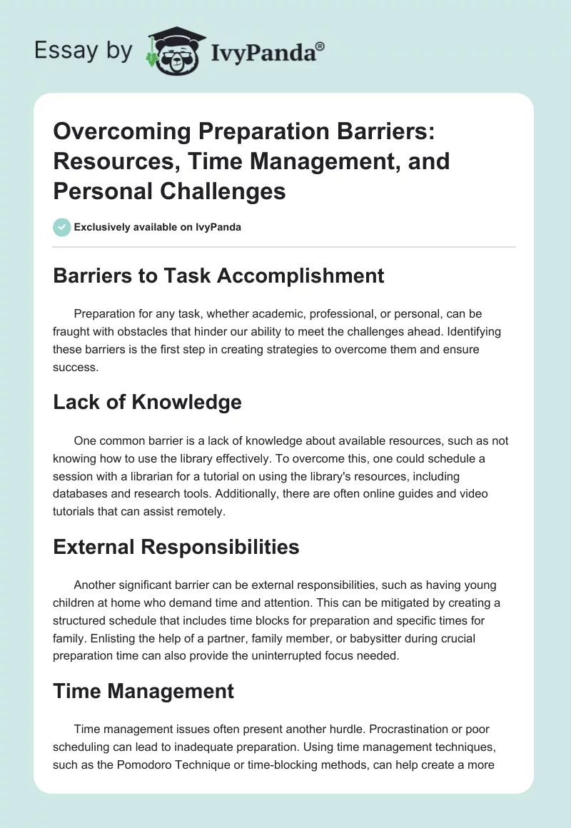 Overcoming Preparation Barriers: Resources, Time Management, and Personal Challenges. Page 1