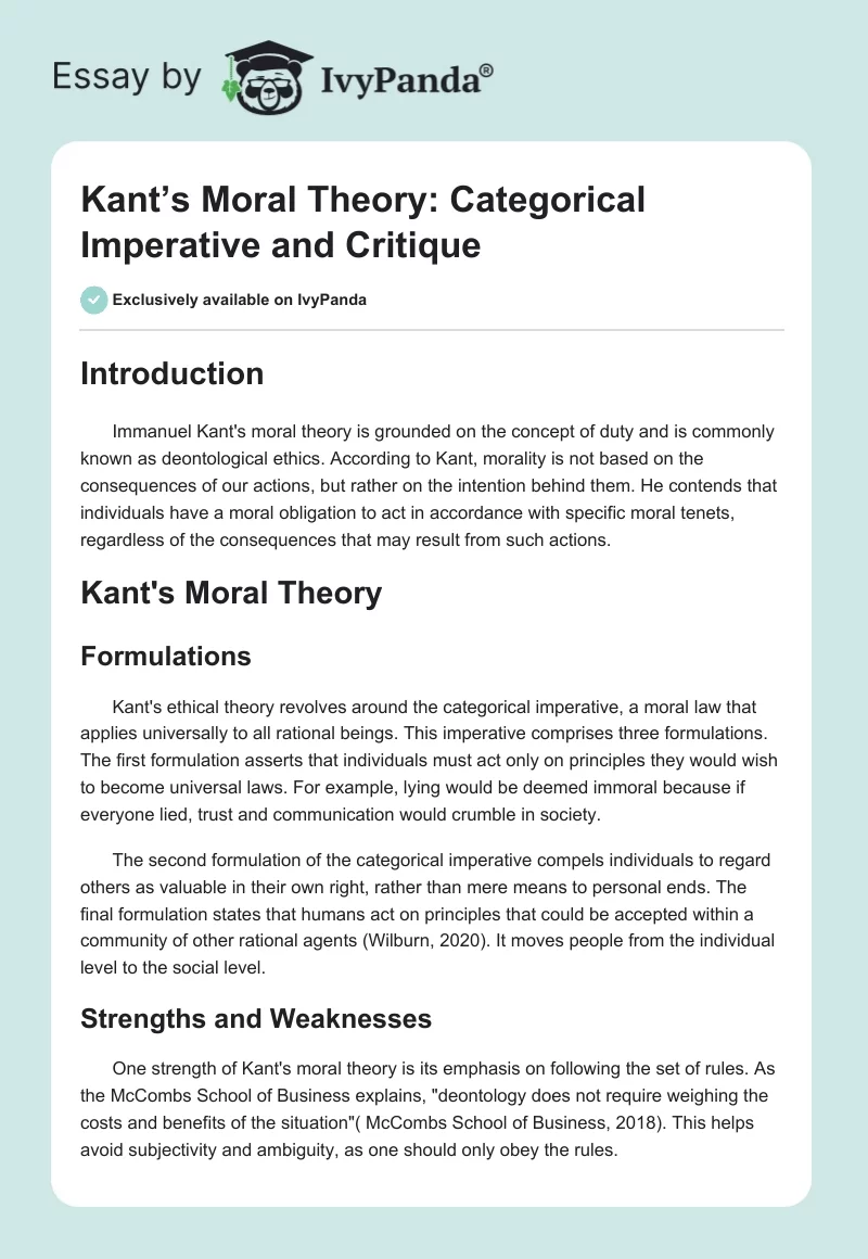 Kant’s Moral Theory: Categorical Imperative and Critique. Page 1
