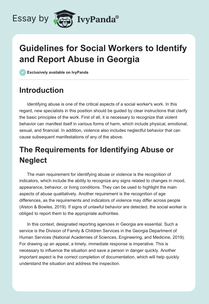 Guidelines for Social Workers to Identify and Report Abuse in Georgia. Page 1