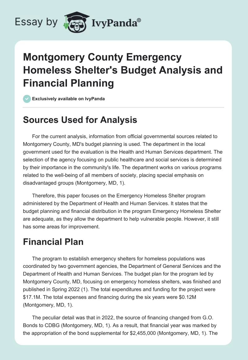Montgomery County Emergency Homeless Shelter's Budget Analysis and Financial Planning. Page 1