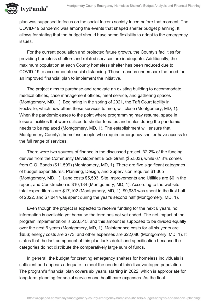 Montgomery County Emergency Homeless Shelter's Budget Analysis and Financial Planning. Page 2