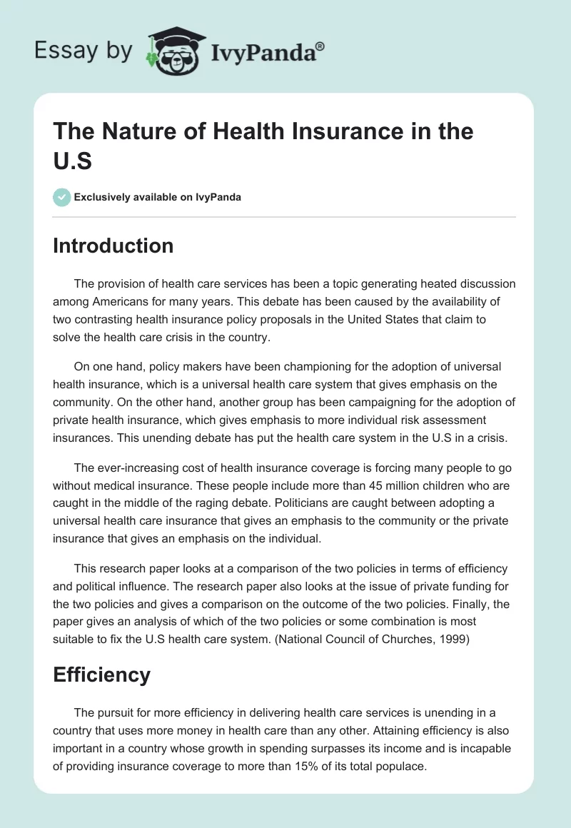 The Nature of Health Insurance in the U.S. Page 1