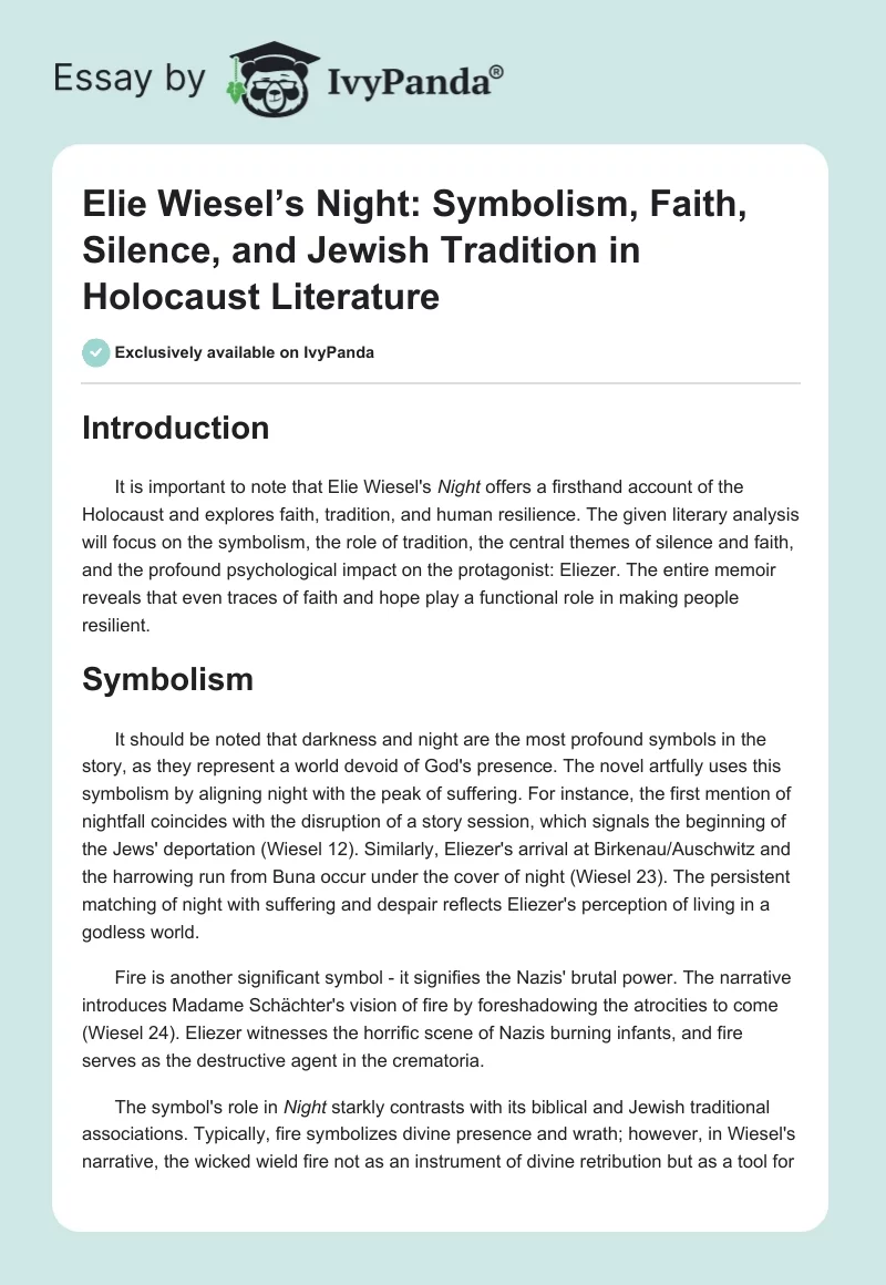 Elie Wiesel’s Night: Symbolism, Faith, Silence, and Jewish Tradition in Holocaust Literature. Page 1
