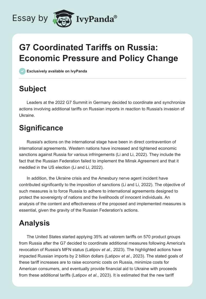 G7 Coordinated Tariffs on Russia: Economic Pressure and Policy Change. Page 1