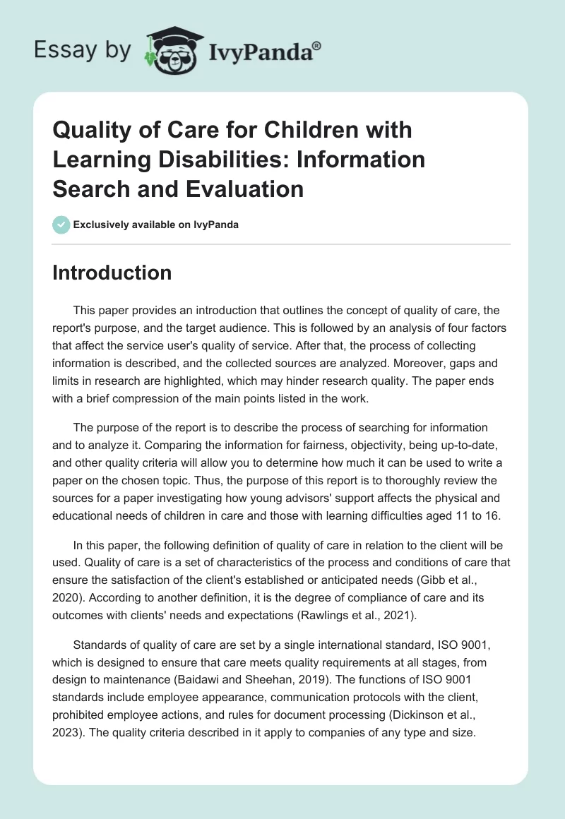 Quality of Care for Children with Learning Disabilities: Information Search and Evaluation. Page 1