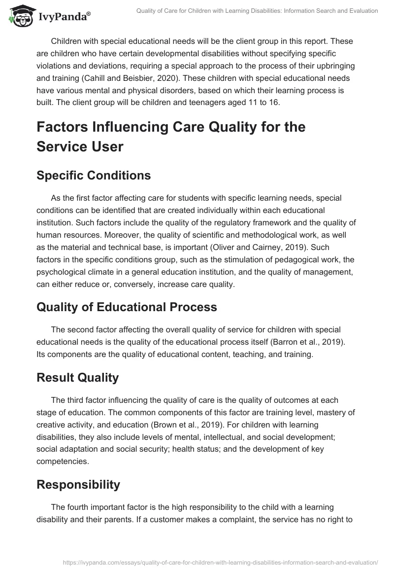 Quality of Care for Children with Learning Disabilities: Information Search and Evaluation. Page 2