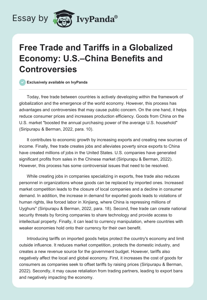 Free Trade and Tariffs in a Globalized Economy: U.S.–China Benefits and Controversies. Page 1