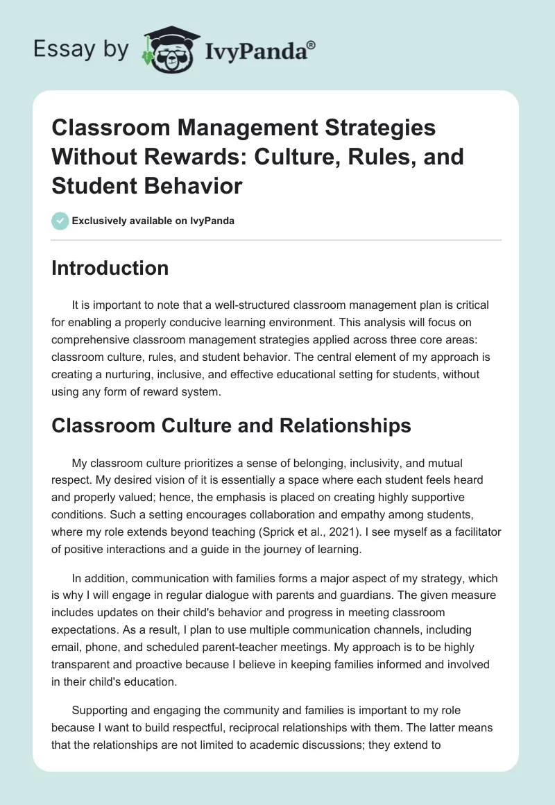 Classroom Management Strategies Without Rewards: Culture, Rules, and Student Behavior. Page 1
