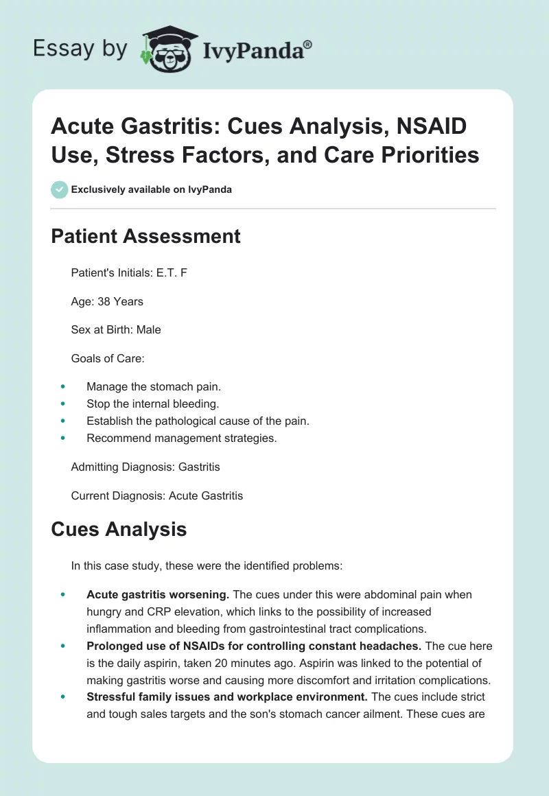 Acute Gastritis: Cues Analysis, NSAID Use, Stress Factors, and Care Priorities. Page 1