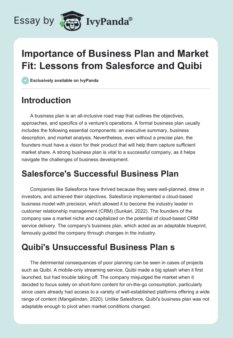 Importance of Business Plan and Market Fit: Lessons from Salesforce and Quibi. Page 1