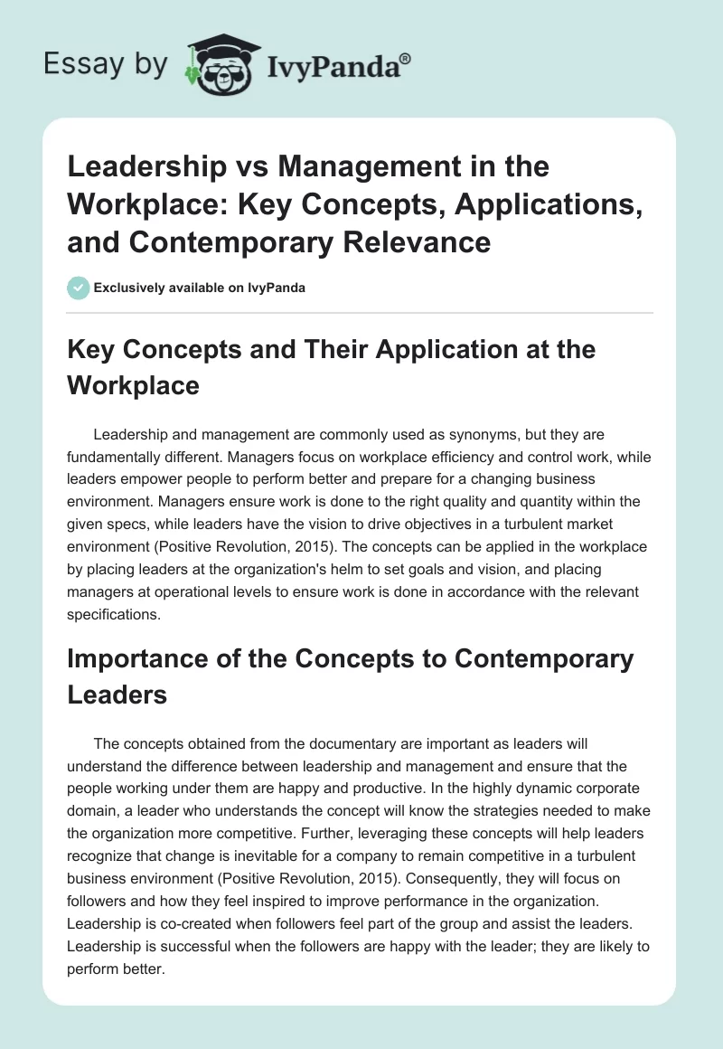 Leadership vs Management in the Workplace: Key Concepts, Applications, and Contemporary Relevance. Page 1