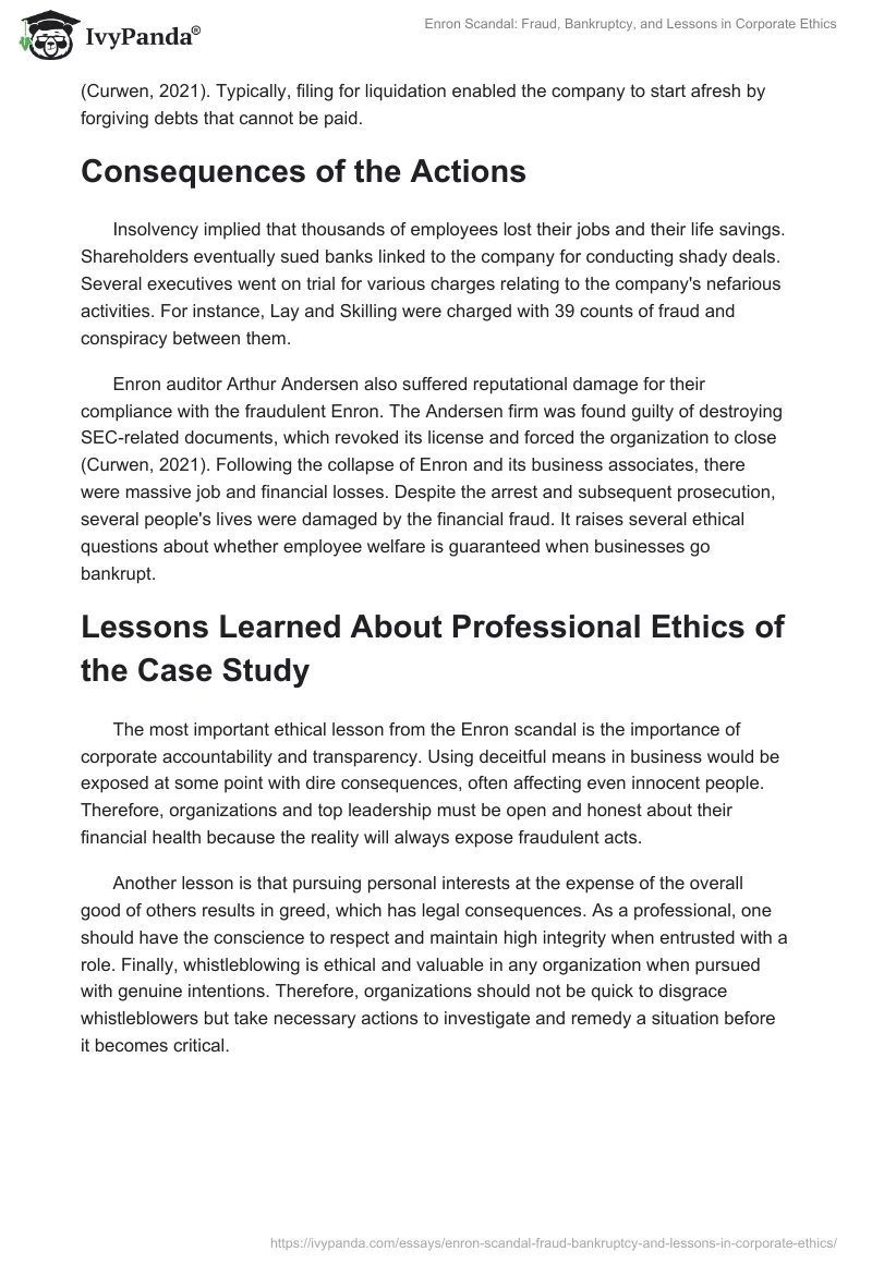 Enron Scandal: Fraud, Bankruptcy, and Lessons in Corporate Ethics. Page 2