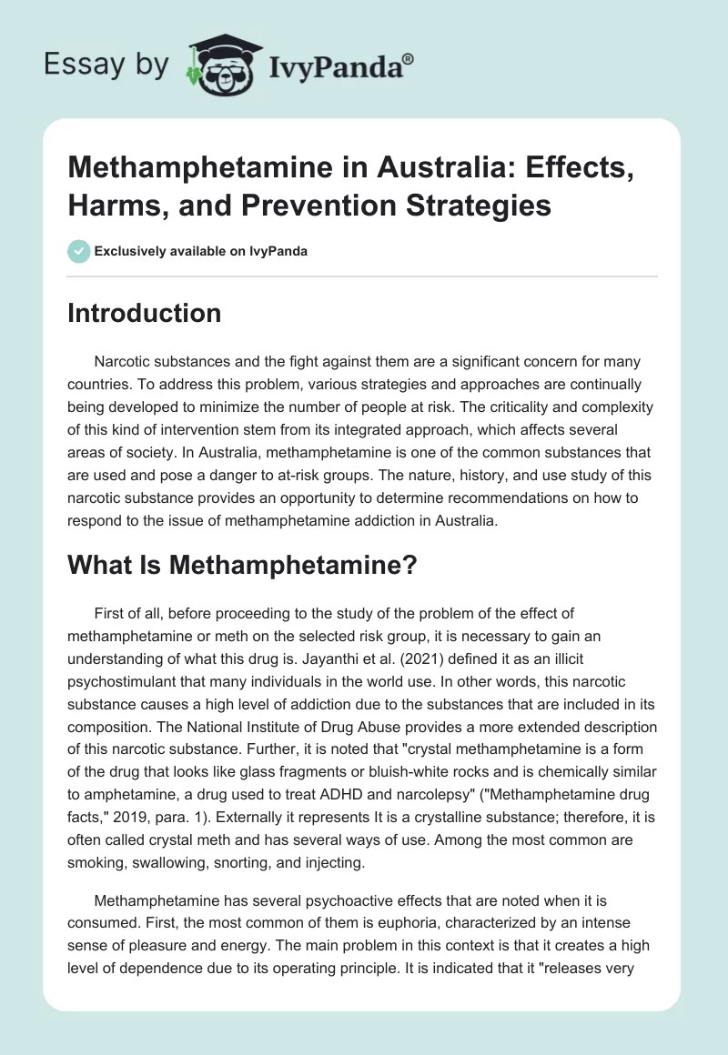 Methamphetamine in Australia: Effects, Harms, and Prevention Strategies. Page 1