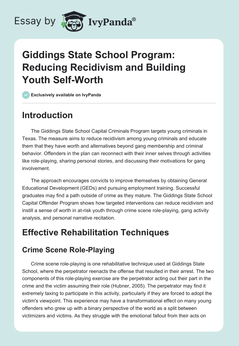 Giddings State School Program: Reducing Recidivism and Building Youth Self-Worth. Page 1