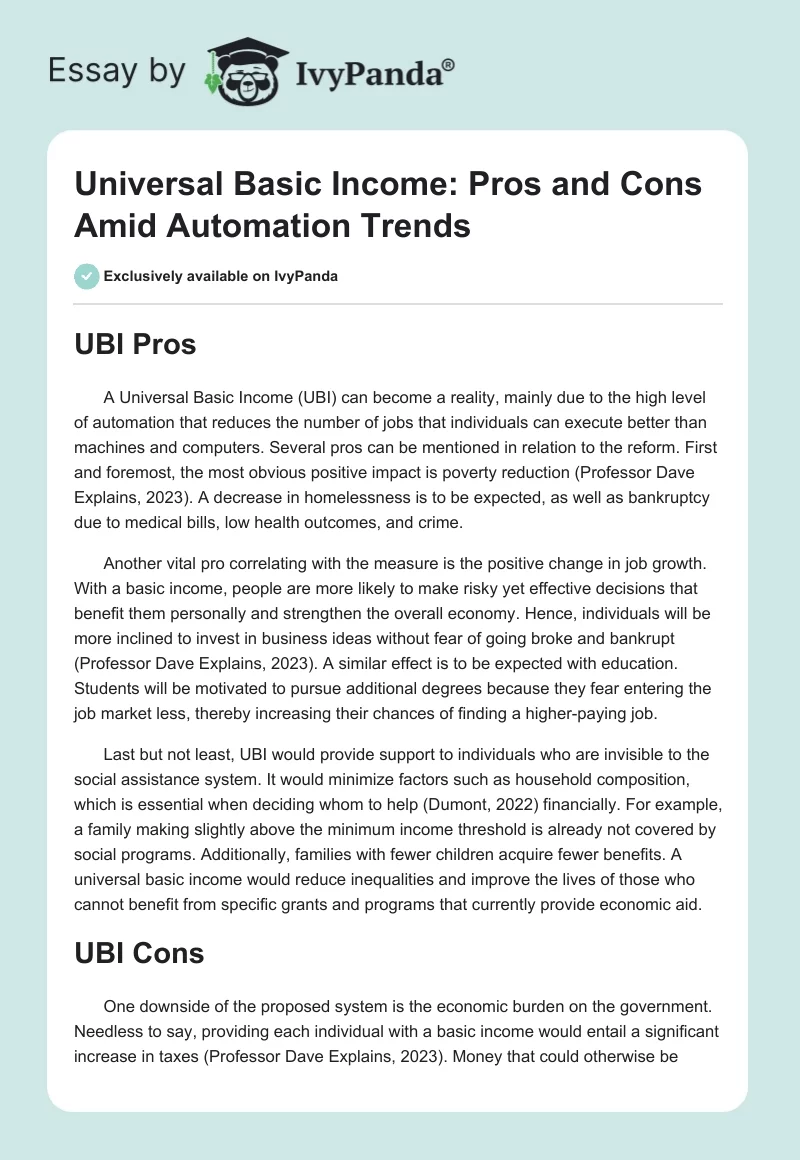Universal Basic Income: Pros and Cons Amid Automation Trends. Page 1