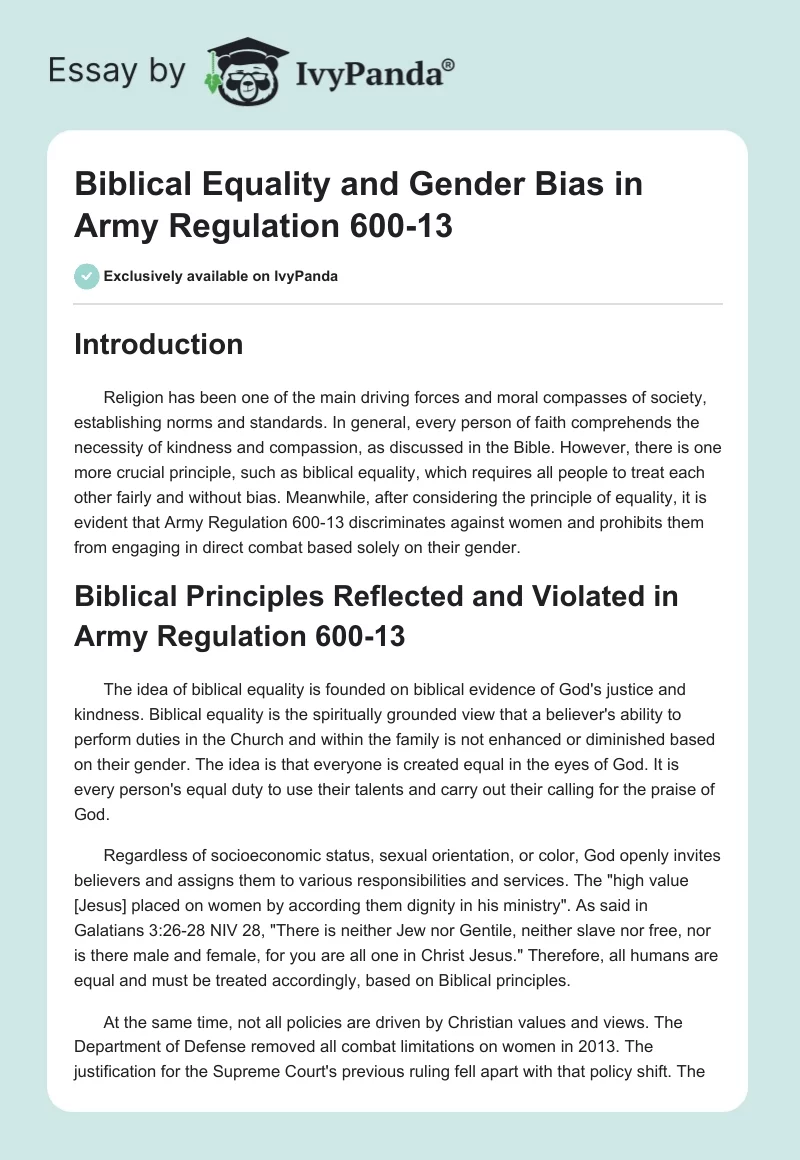 Biblical Equality and Gender Bias in Army Regulation 600-13. Page 1