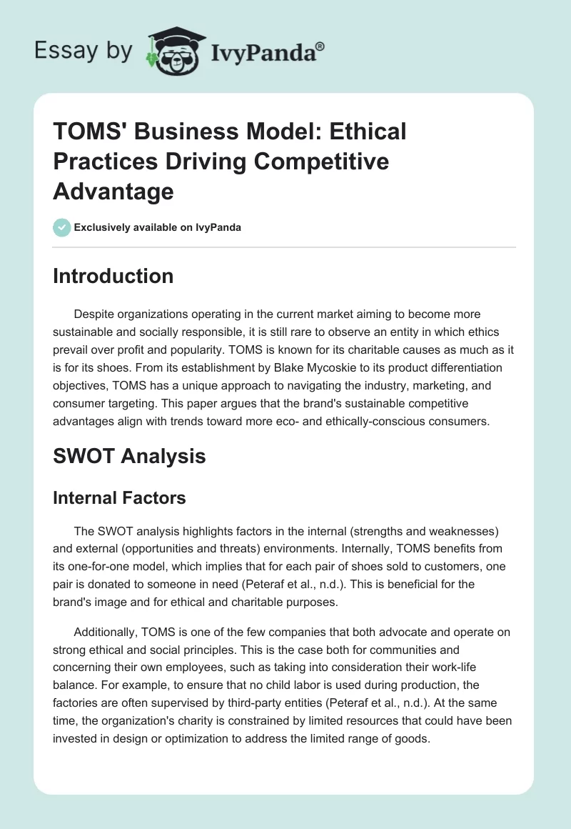 TOMS' Business Model: Ethical Practices Driving Competitive Advantage. Page 1