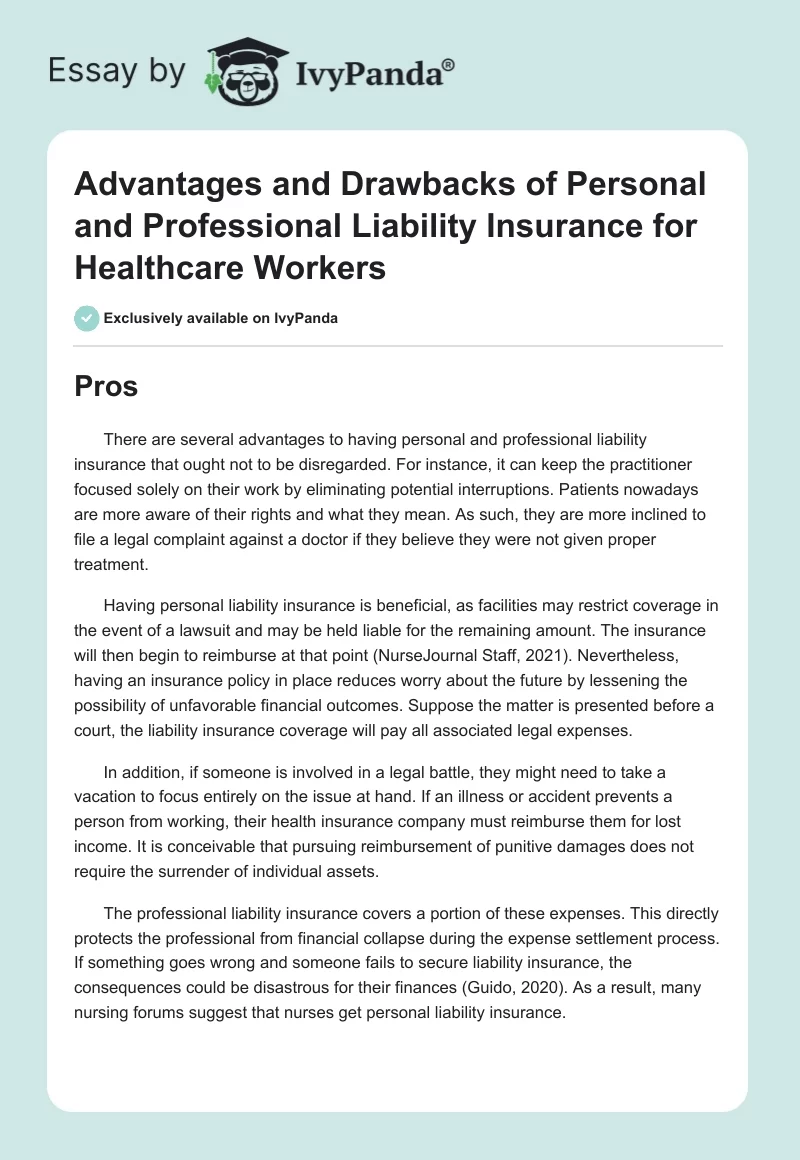 Advantages and Drawbacks of Personal and Professional Liability Insurance for Healthcare Workers. Page 1
