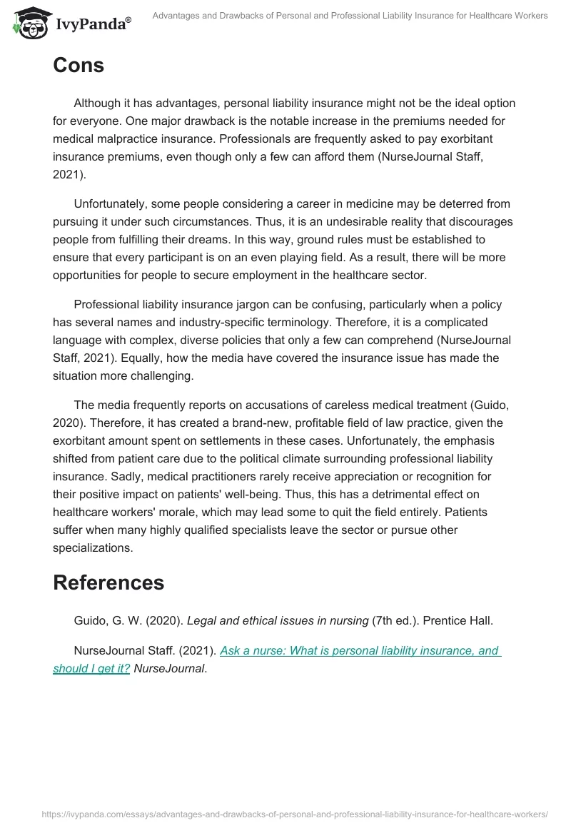 Advantages and Drawbacks of Personal and Professional Liability Insurance for Healthcare Workers. Page 2