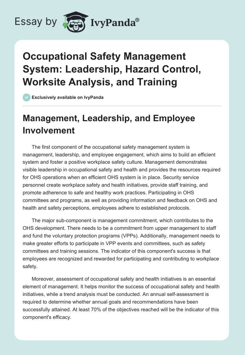 Occupational Safety Management System: Leadership, Hazard Control, Worksite Analysis, and Training. Page 1