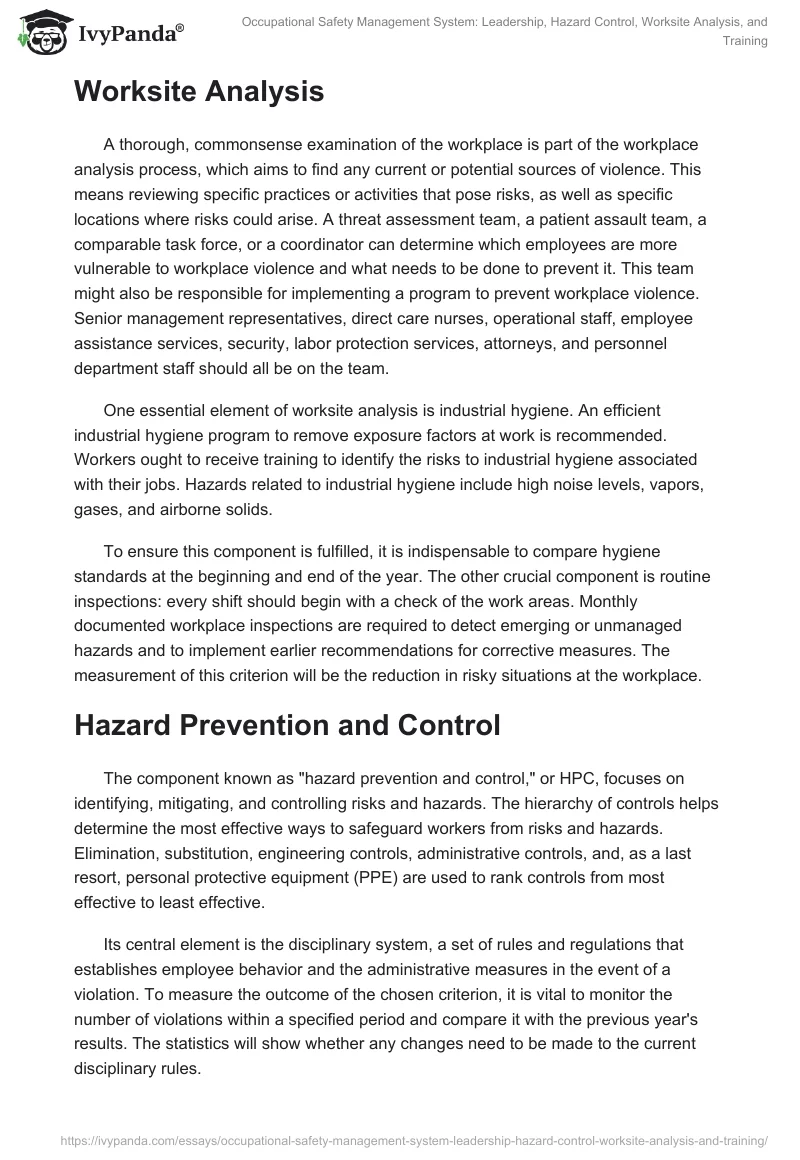 Occupational Safety Management System: Leadership, Hazard Control, Worksite Analysis, and Training. Page 2