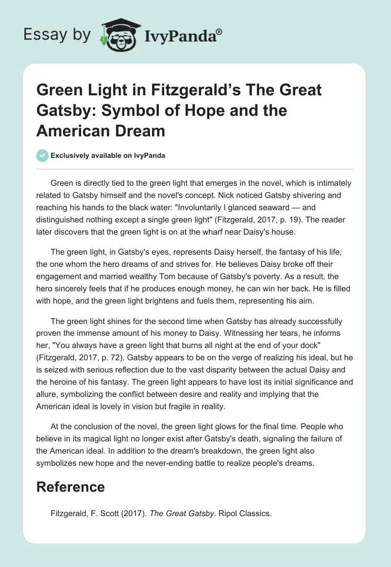 Green Light in Fitzgerald’s The Great Gatsby: Symbol of Hope and the American Dream. Page 1