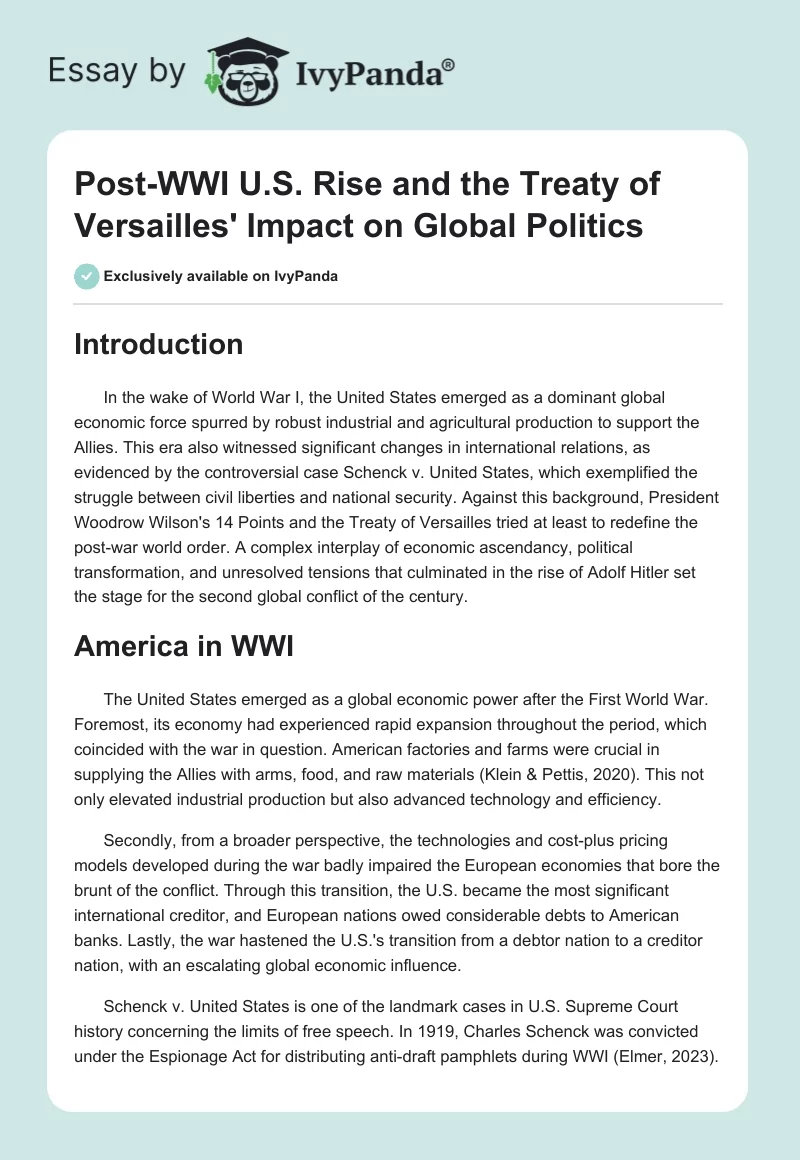 Post-WWI U.S. Rise and the Treaty of Versailles' Impact on Global Politics. Page 1