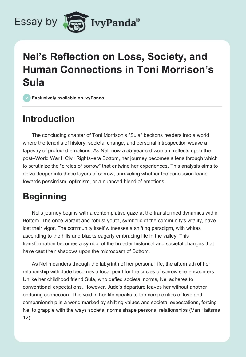 Nel’s Reflection on Loss, Society, and Human Connections in Toni Morrison’s Sula. Page 1