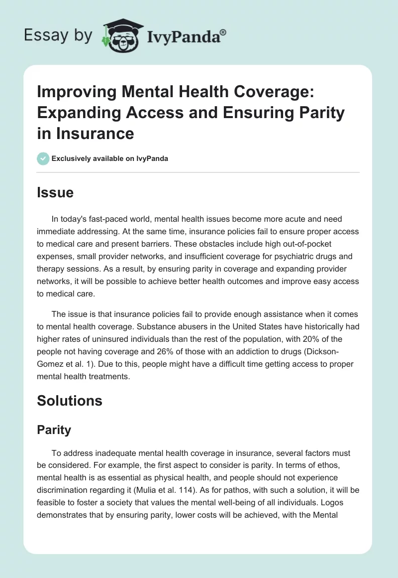 Improving Mental Health Coverage: Expanding Access and Ensuring Parity in Insurance. Page 1