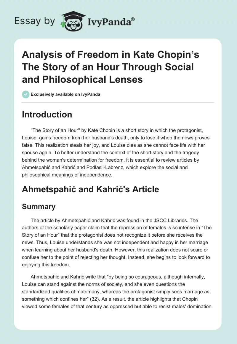 Analysis of Freedom in Kate Chopin’s The Story of an Hour Through Social and Philosophical Lenses. Page 1