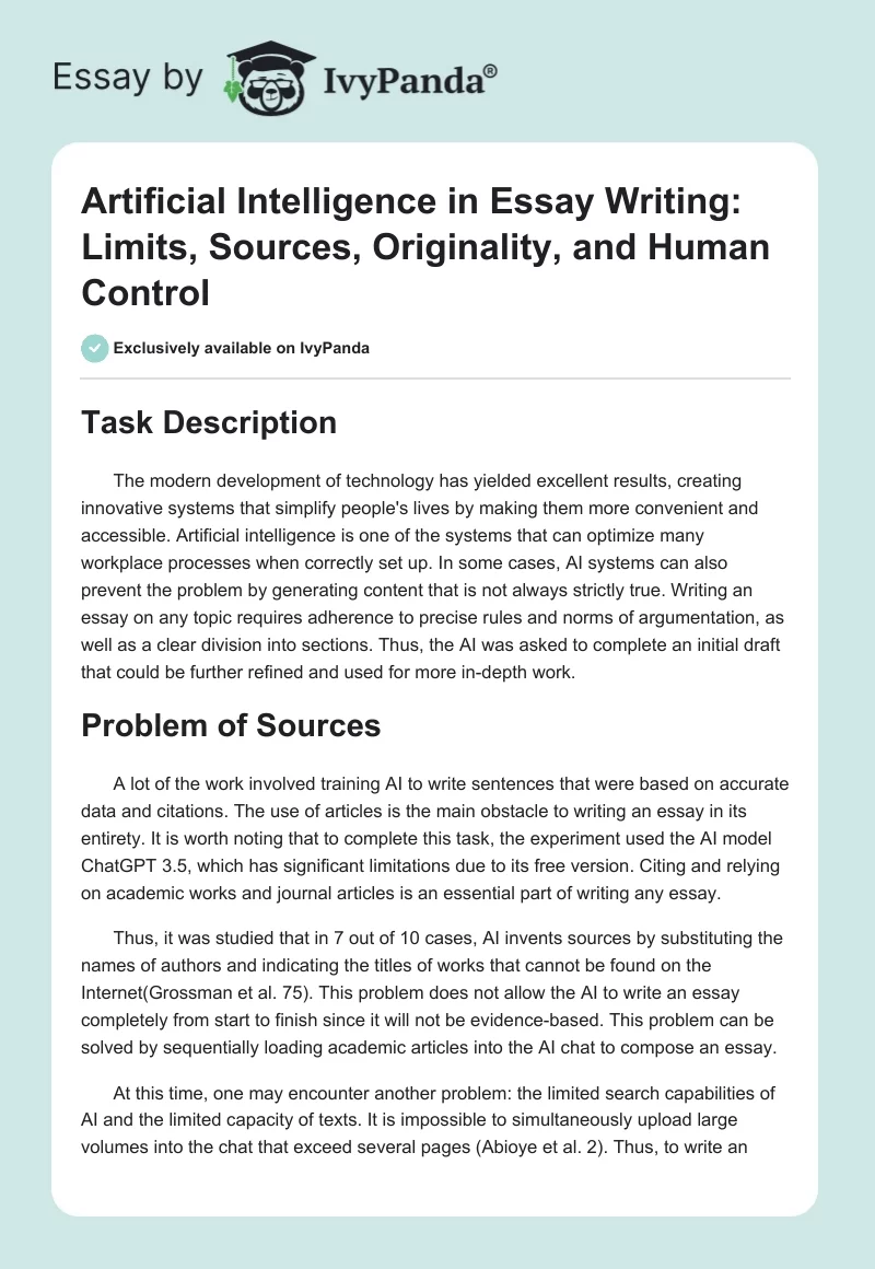 Artificial Intelligence in Essay Writing: Limits, Sources, Originality, and Human Control. Page 1