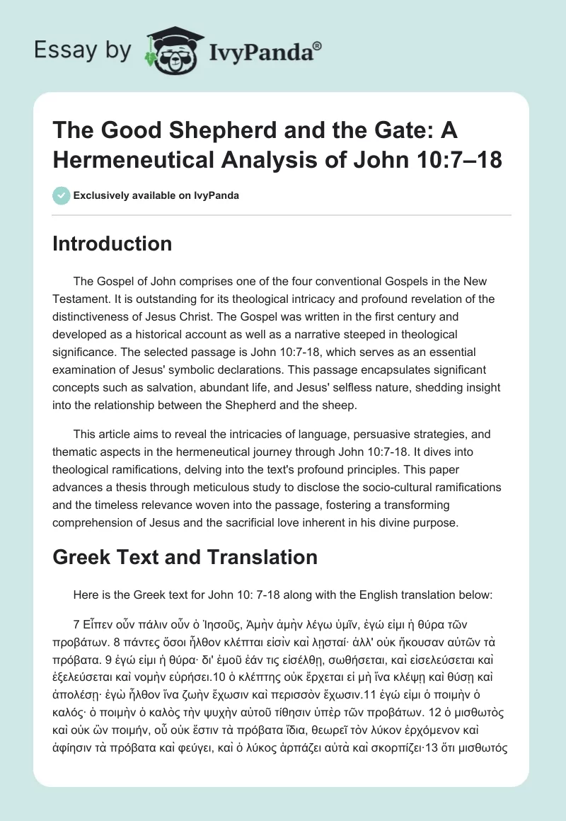 The Good Shepherd and the Gate: A Hermeneutical Analysis of John 10:7–18. Page 1
