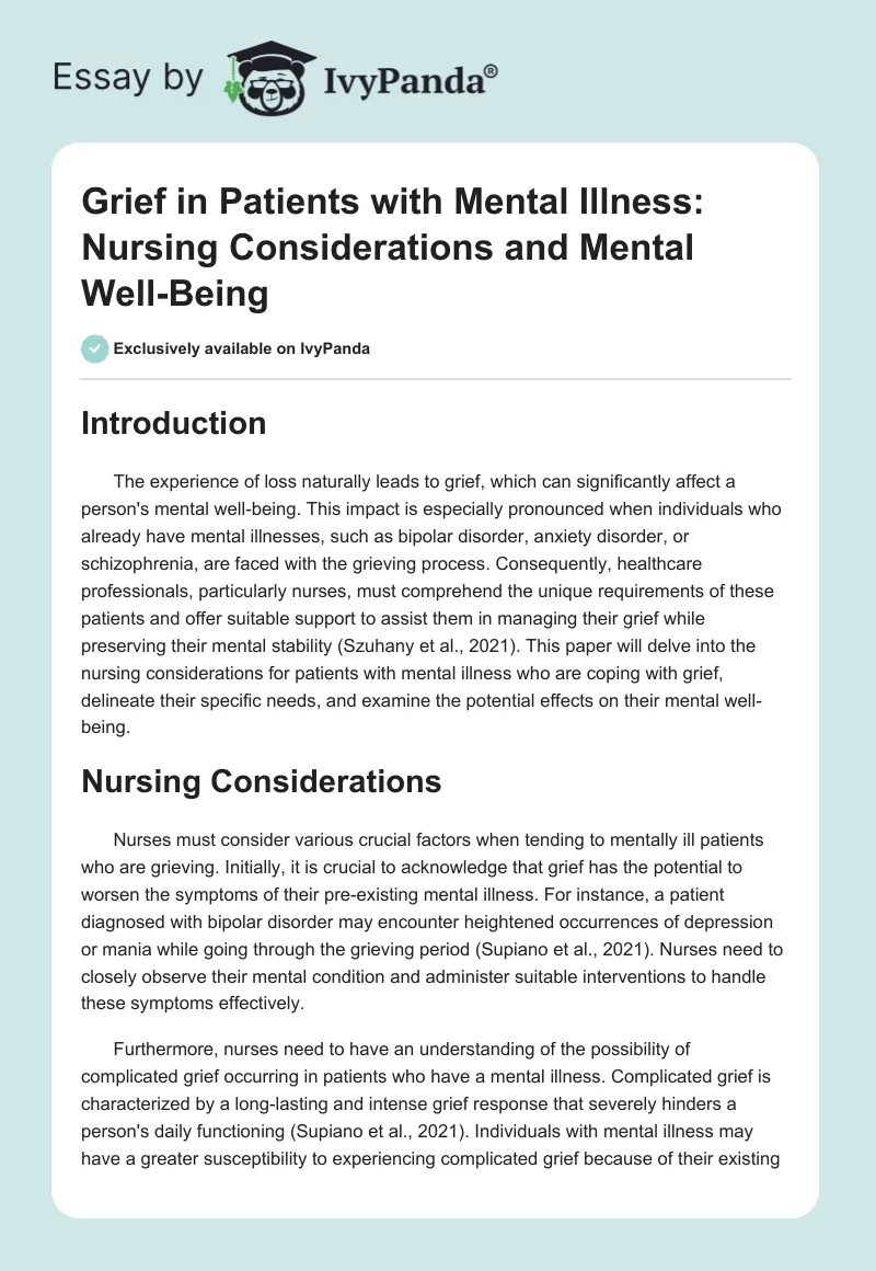 Grief in Patients with Mental Illness: Nursing Considerations and Mental Well-Being. Page 1