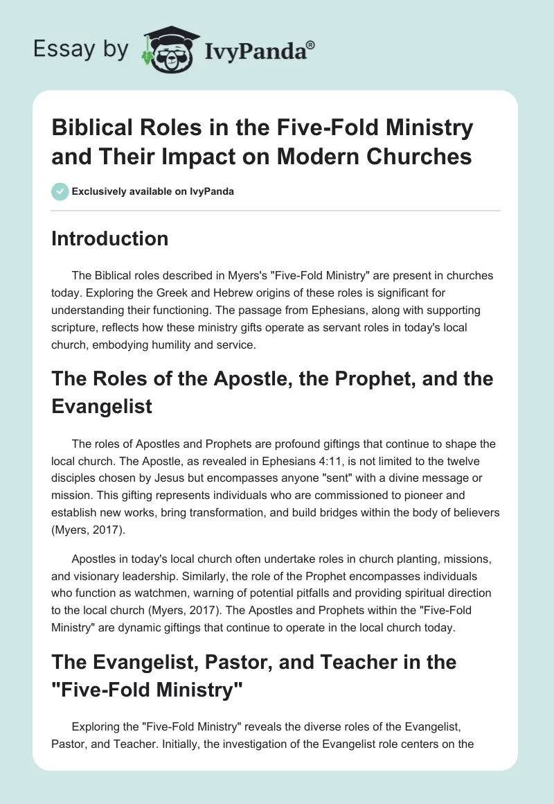 Biblical Roles in the Five-Fold Ministry and Their Impact on Modern Churches. Page 1