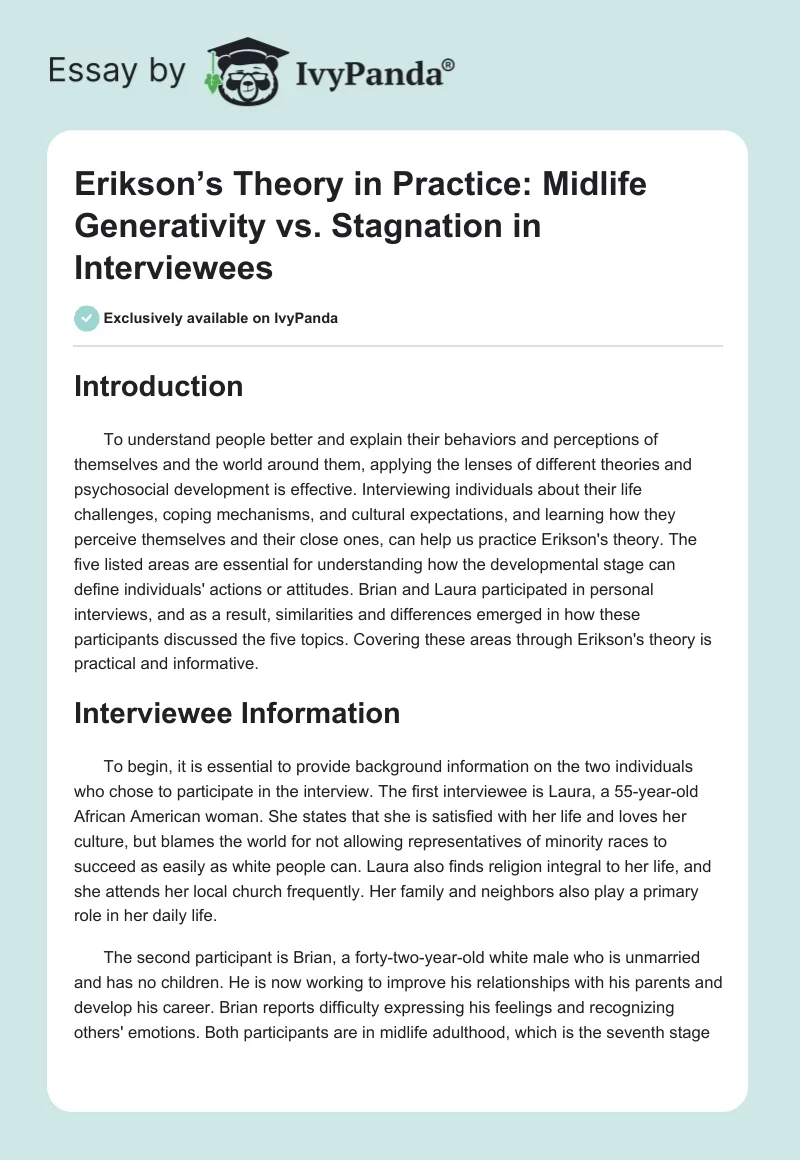 Erikson’s Theory in Practice: Midlife Generativity vs. Stagnation in Interviewees. Page 1