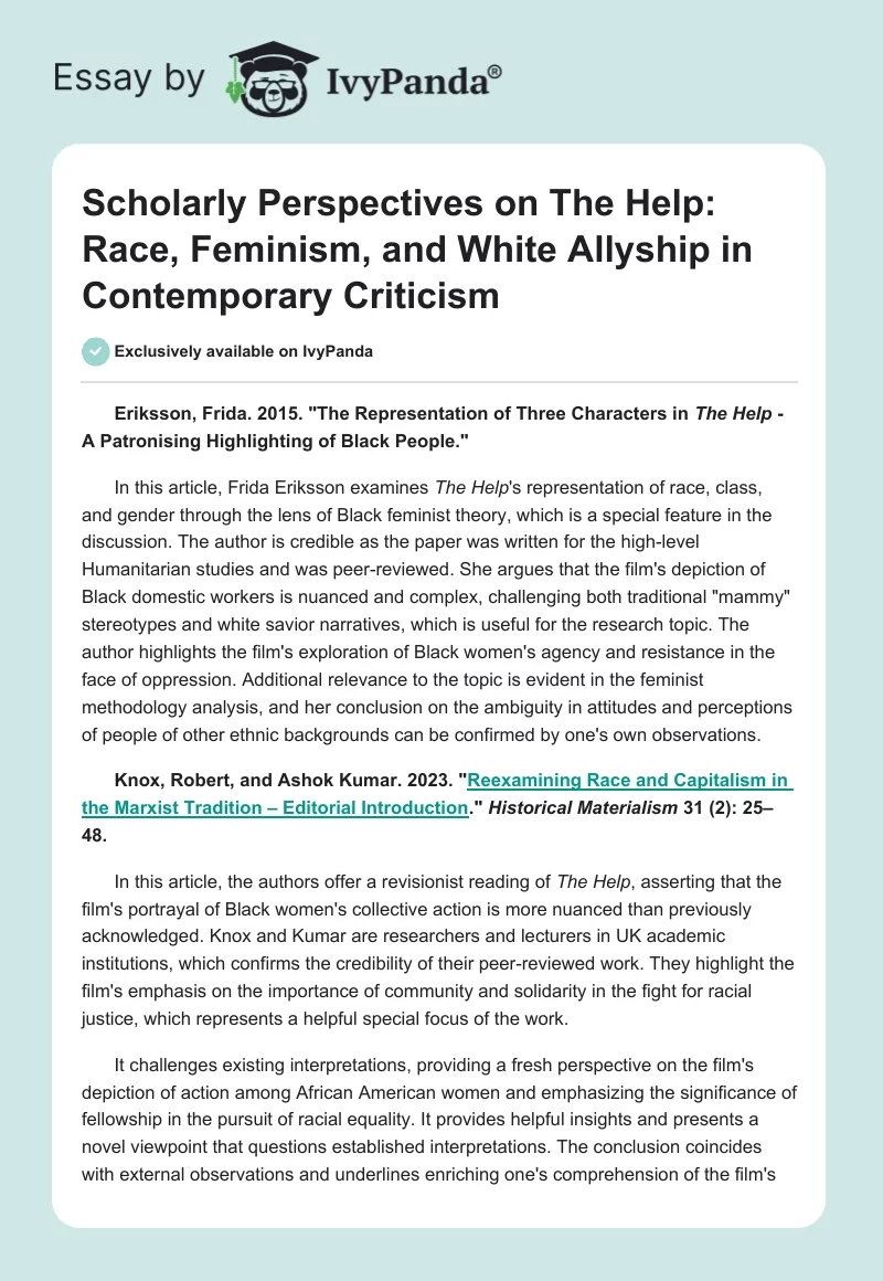 Scholarly Perspectives on The Help: Race, Feminism, and White Allyship in Contemporary Criticism. Page 1