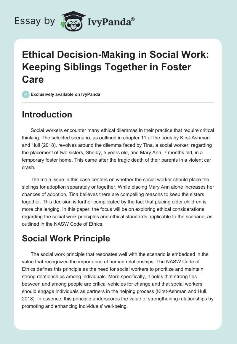 Ethical Decision-Making in Social Work: Keeping Siblings Together in Foster Care. Page 1