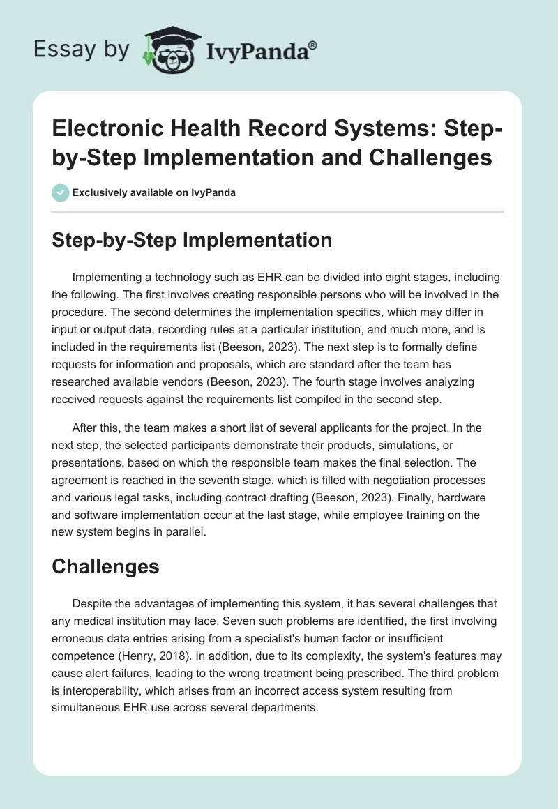 Electronic Health Record Systems: Step-by-Step Implementation and Challenges. Page 1