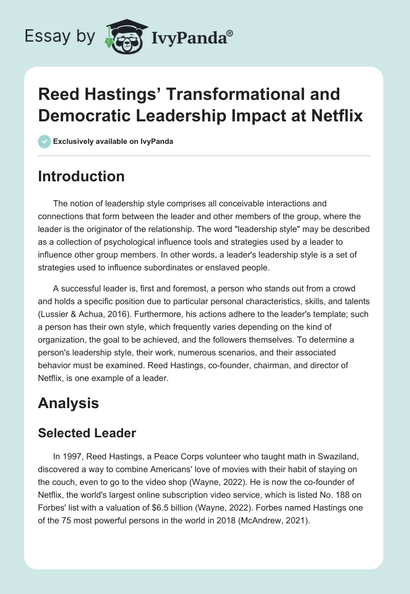Reed Hastings’ Transformational and Democratic Leadership Impact at Netflix. Page 1