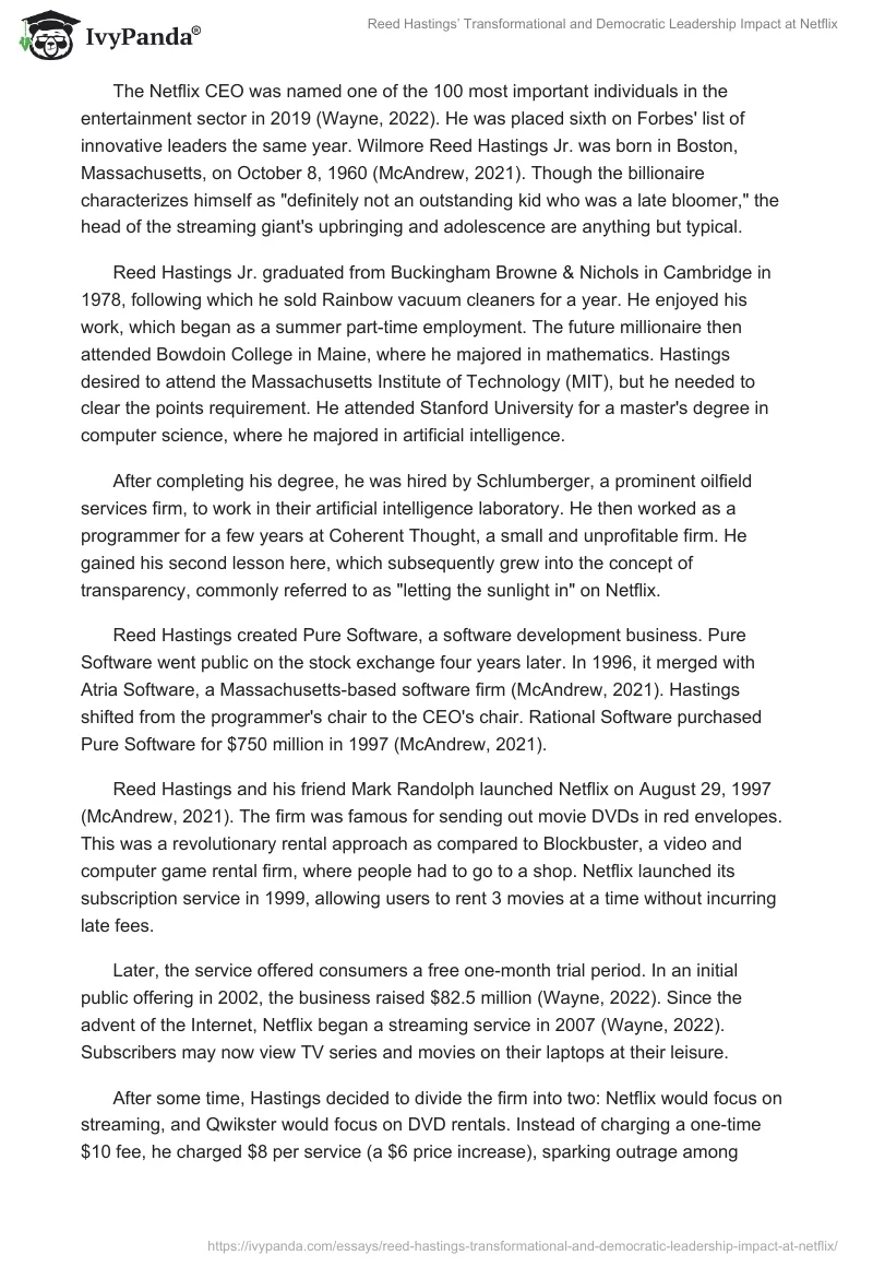 Reed Hastings’ Transformational and Democratic Leadership Impact at Netflix. Page 2