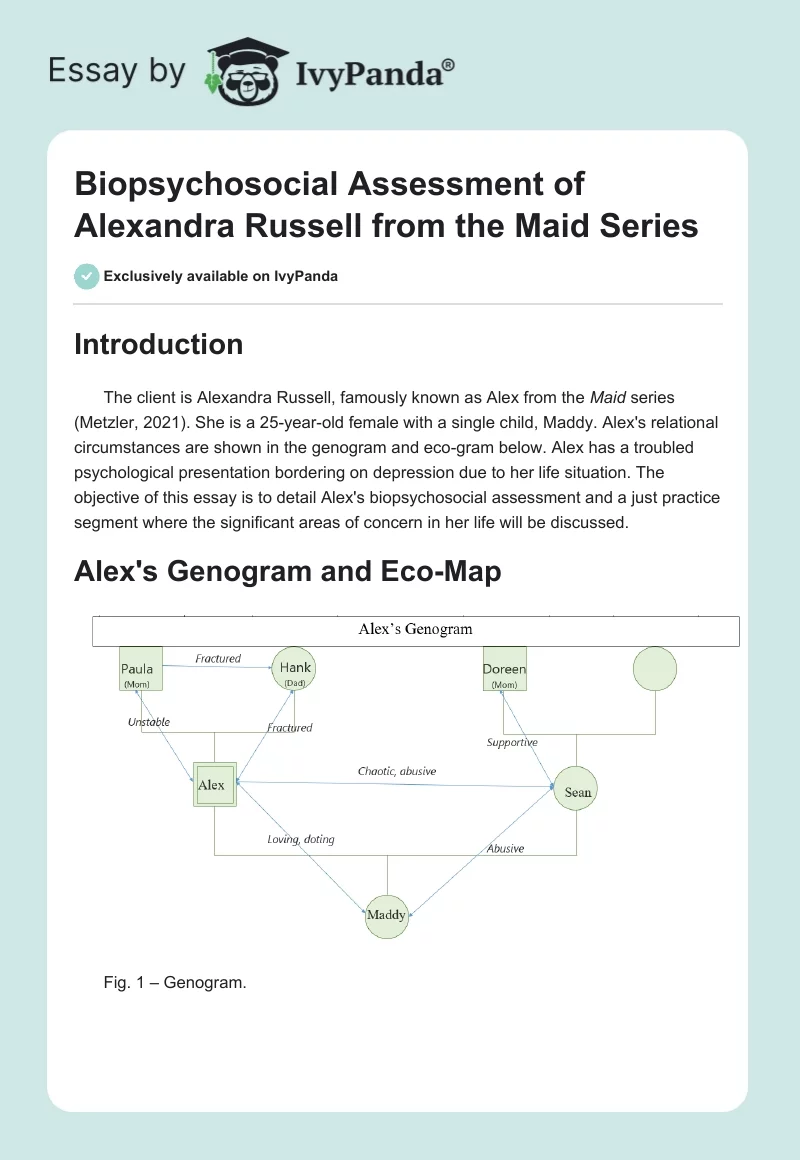 Biopsychosocial Assessment of Alexandra Russell from the Maid Series. Page 1