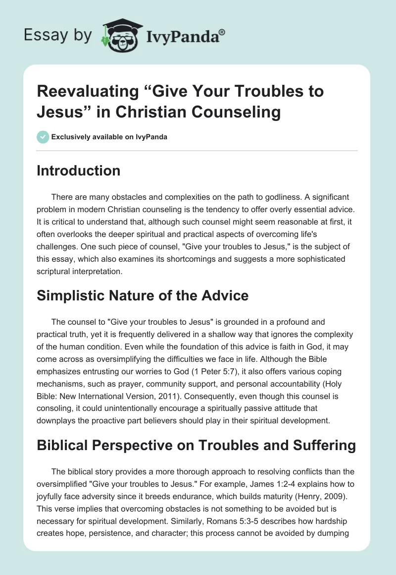 Reevaluating “Give Your Troubles to Jesus” in Christian Counseling. Page 1