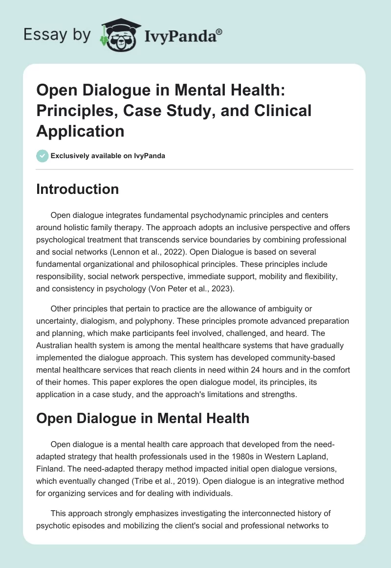 Open Dialogue in Mental Health: Principles, Case Study, and Clinical Application. Page 1