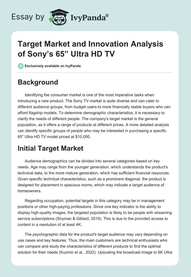 Target Market and Innovation Analysis of Sony’s 65” Ultra HD TV. Page 1