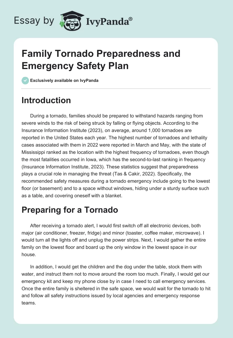Family Tornado Preparedness and Emergency Safety Plan. Page 1