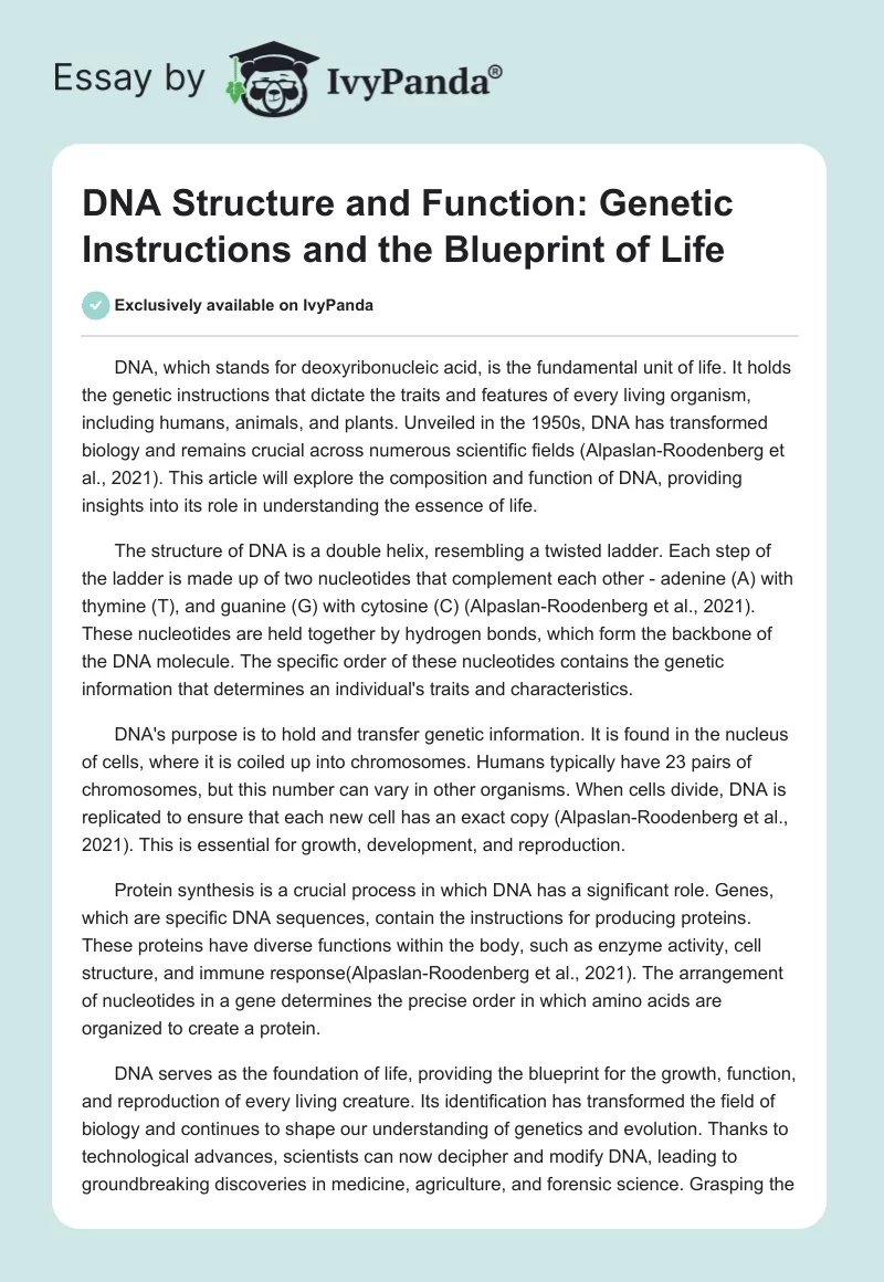 DNA Structure and Function: Genetic Instructions and the Blueprint of Life. Page 1
