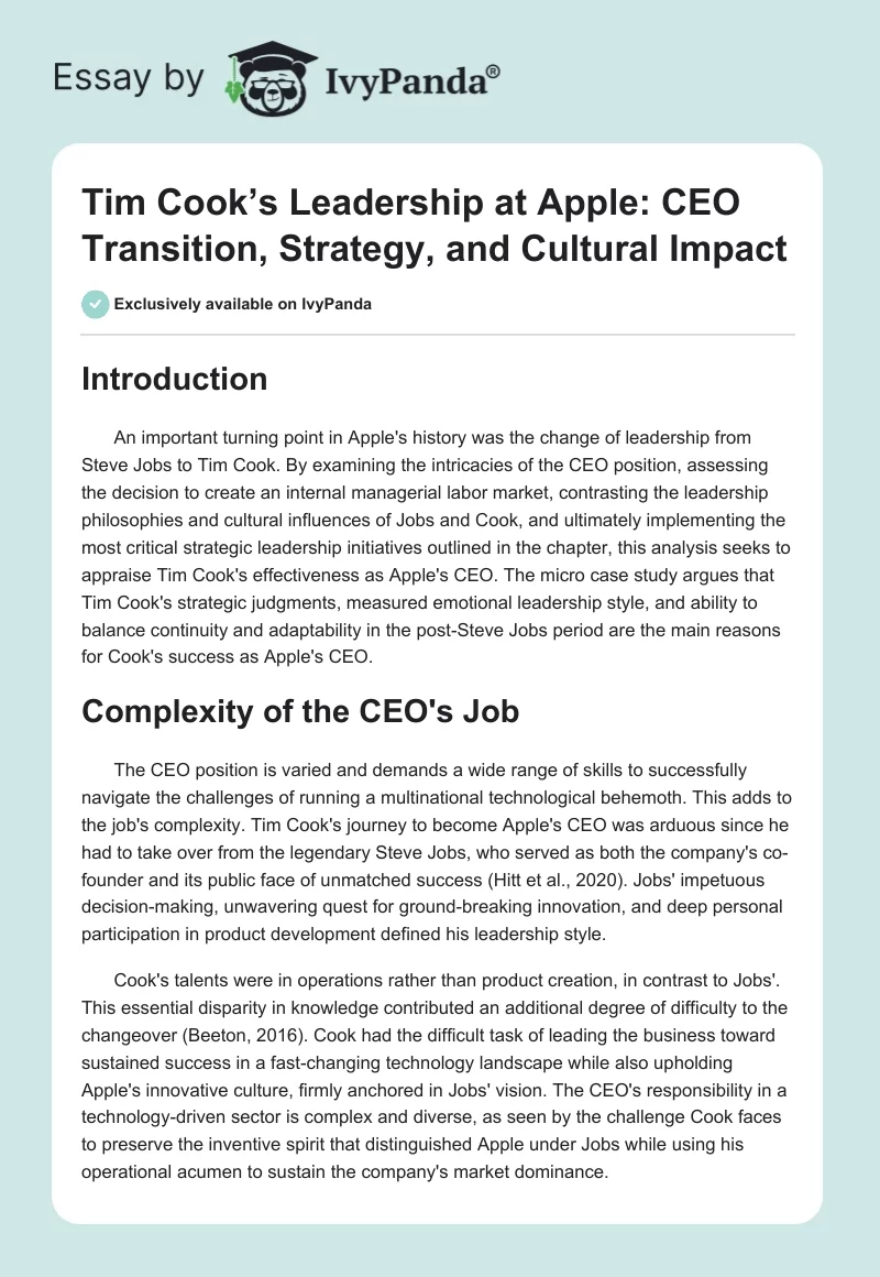 Tim Cook’s Leadership at Apple: CEO Transition, Strategy, and Cultural Impact. Page 1