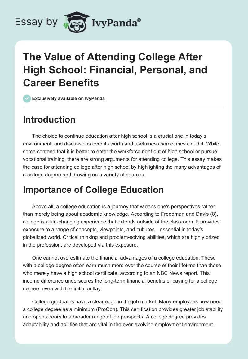 The Value of Attending College After High School: Financial, Personal, and Career Benefits. Page 1