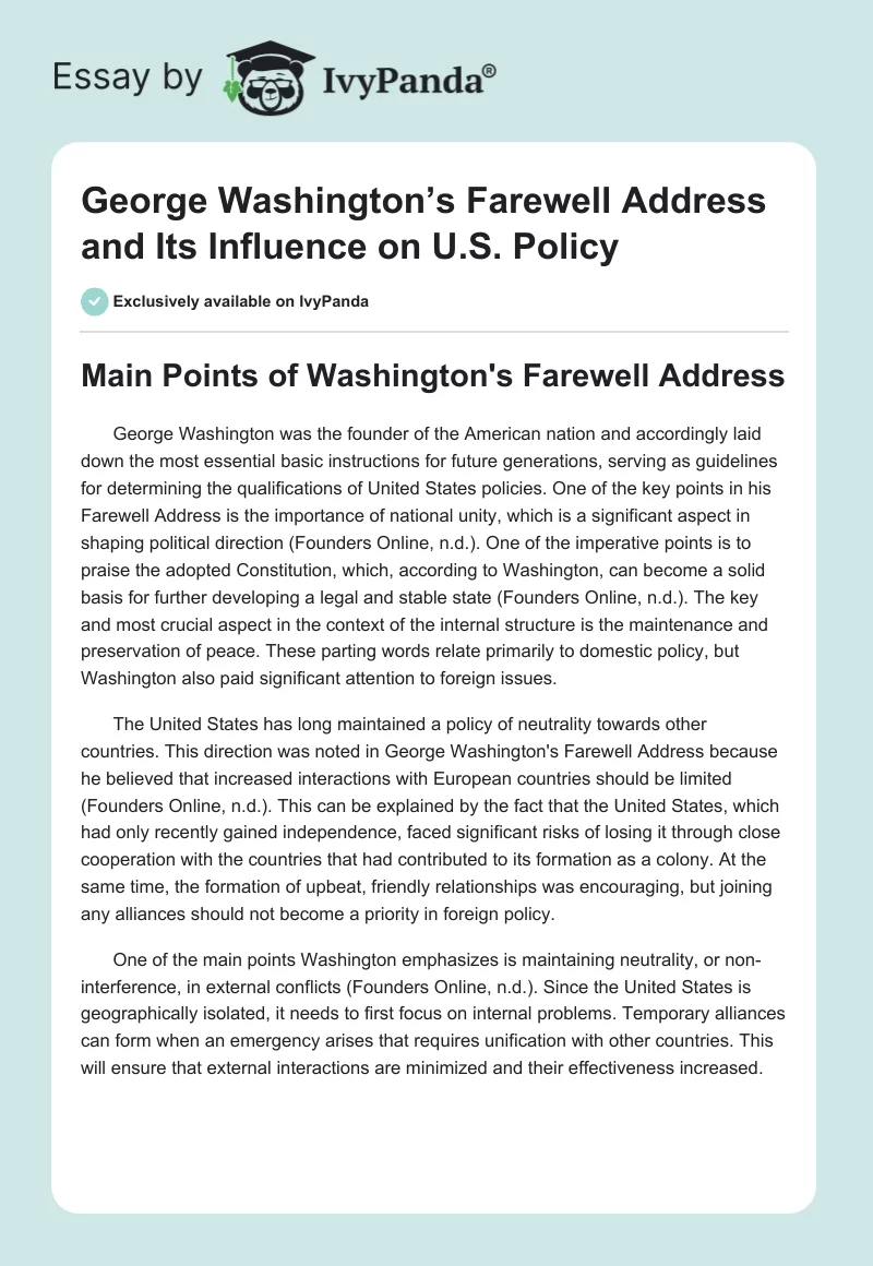 George Washington’s Farewell Address and Its Influence on U.S. Policy. Page 1